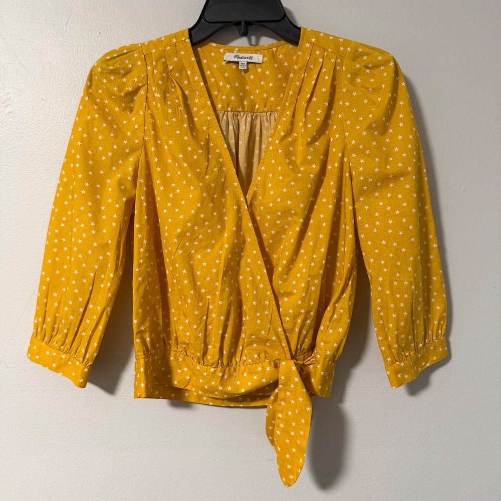 Madewell Mustard Yellow Star Print Wrap Top 3/4 Sleeve‎ Cotton Blouse XXS